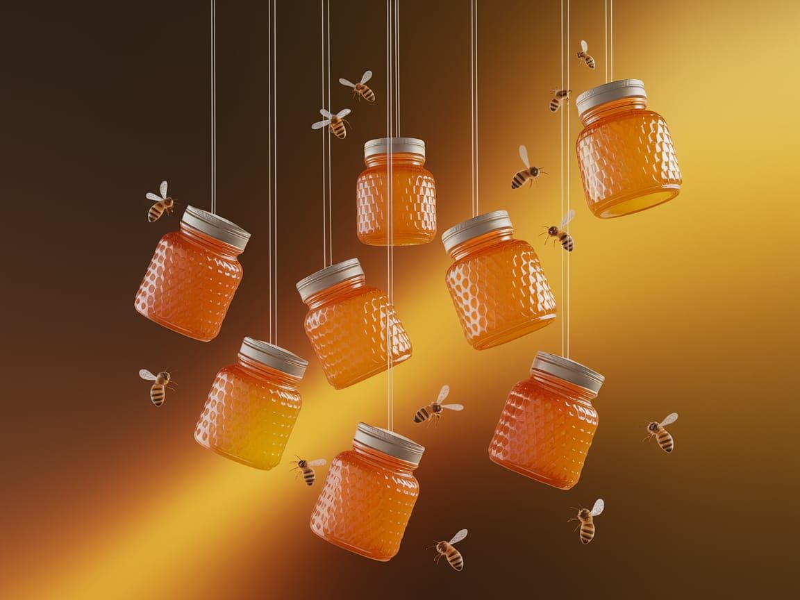 Surreal Honey Jars in Mid-Air, Bees in Flight, Photorealisti...