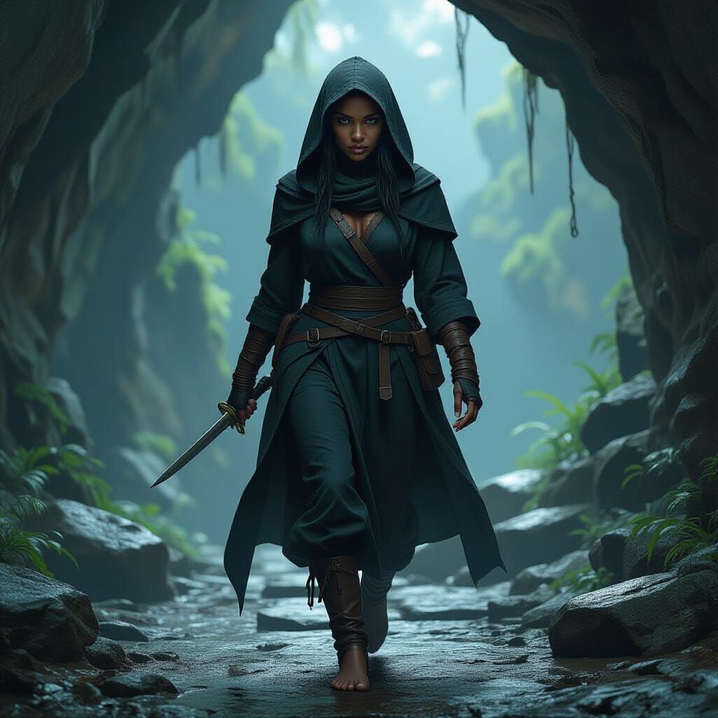 African Woman in Stealth Robes, Atmospheric Cave Scene