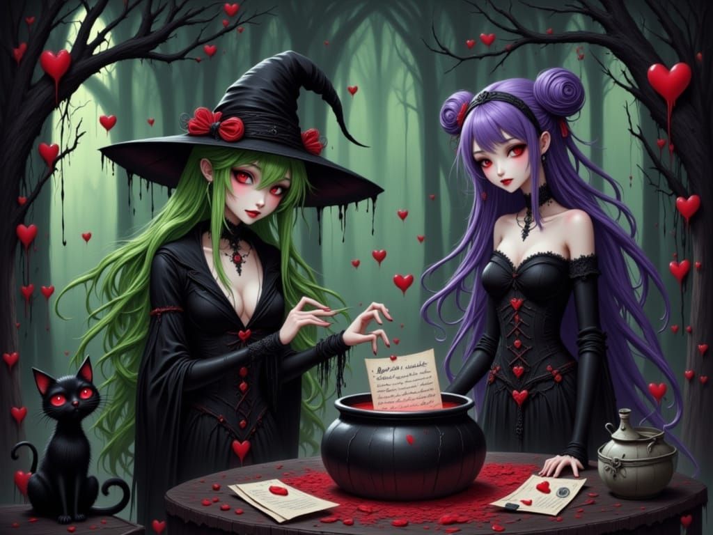 Gothic Anime Witch Brews Love Potion in Ethereal Cottage