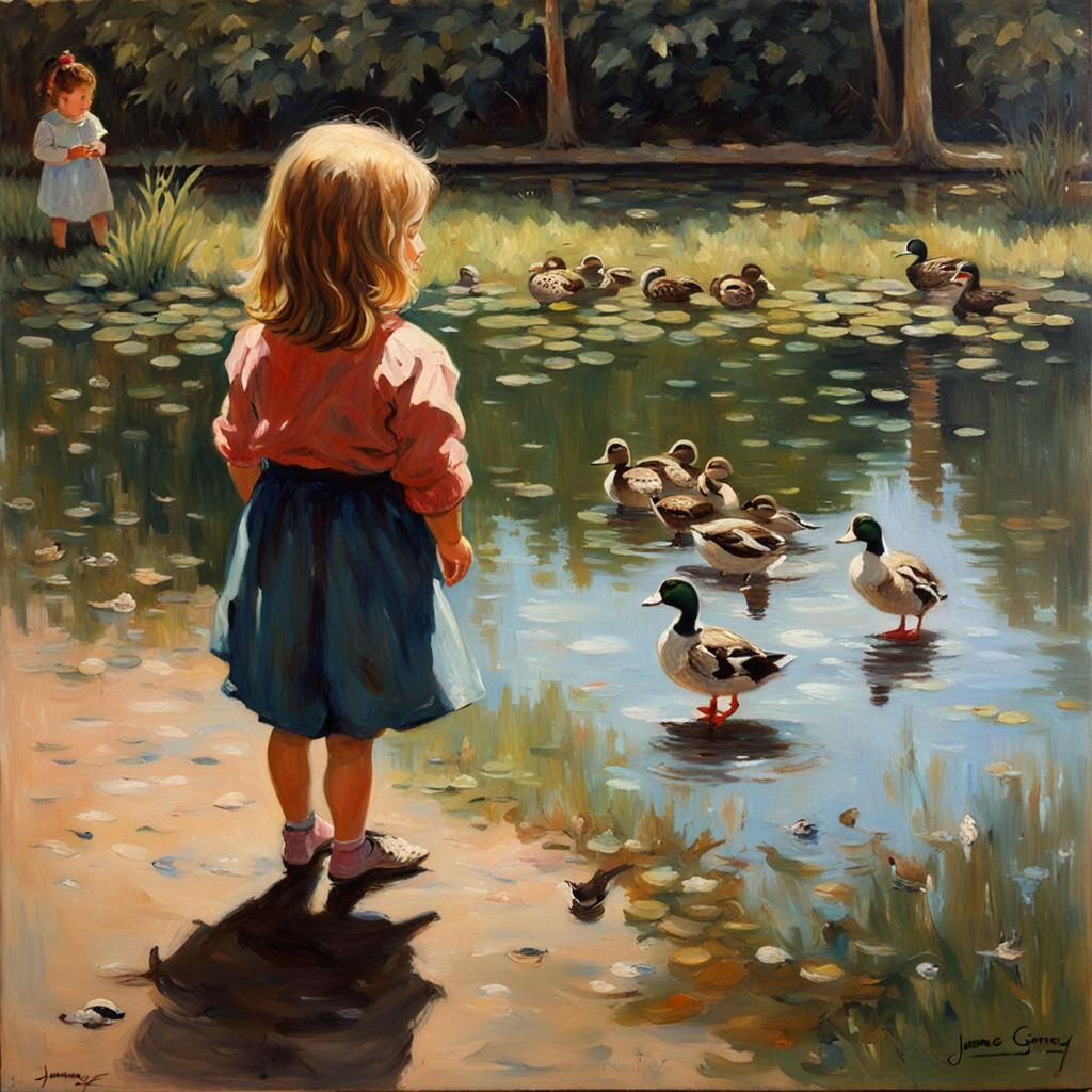 Girl Watching Ducks, Oil Painting Style