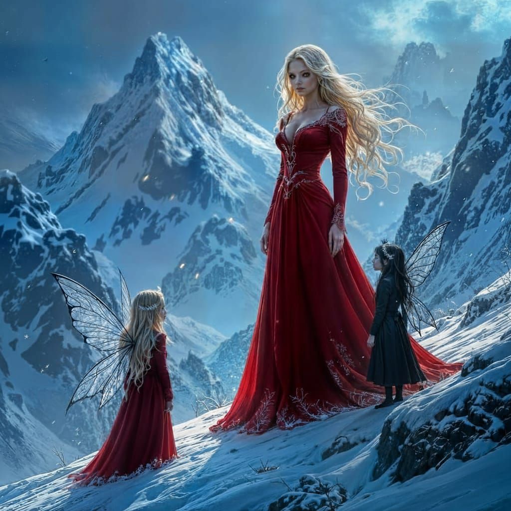 Evil Sorceress Confronts Frightened Fairies on Snowy Mountai...