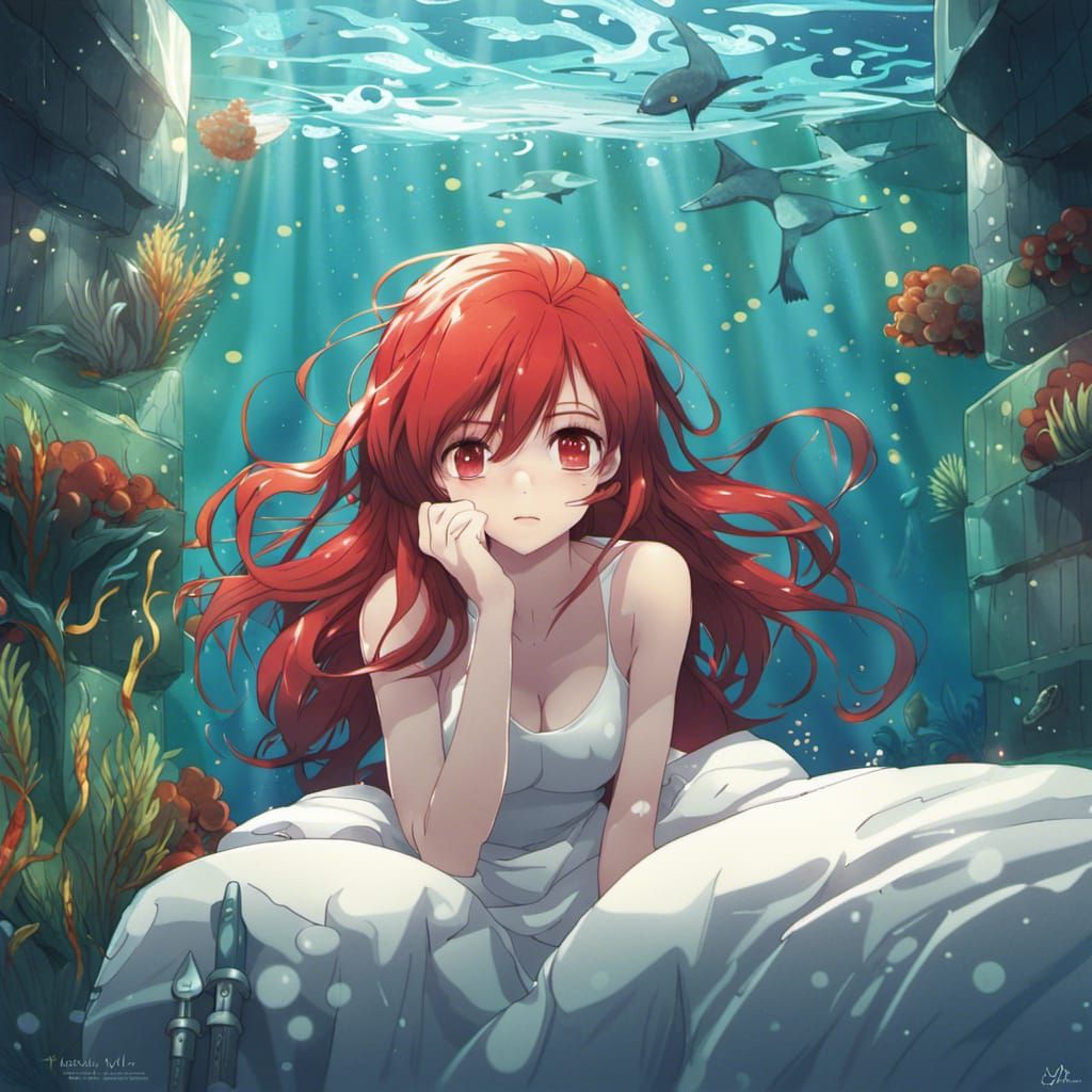 Anime Style: Redhead Underwater on Bed