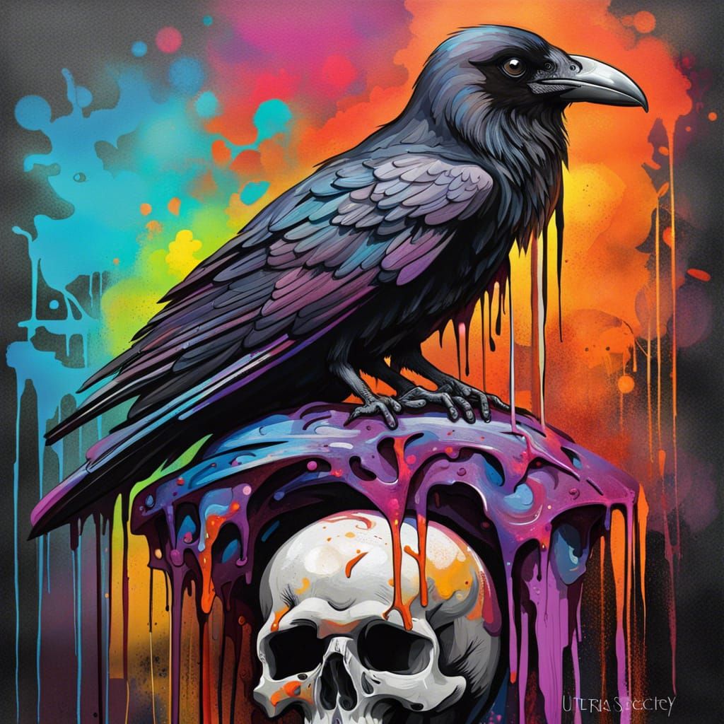 Colorful Raven on Skull, Graffiti Street Art
