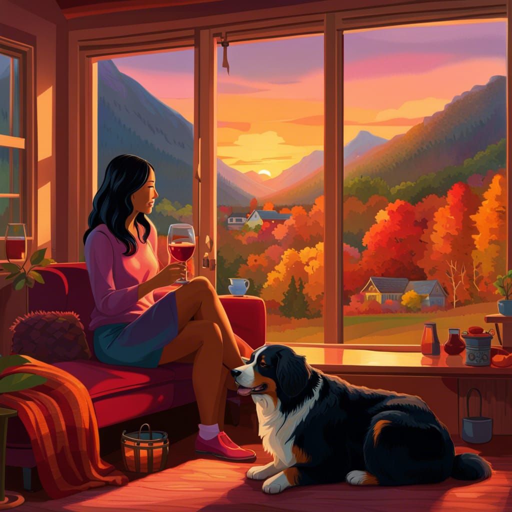 Woman and Bernese Mountain Dog in Cottagecore Autumn