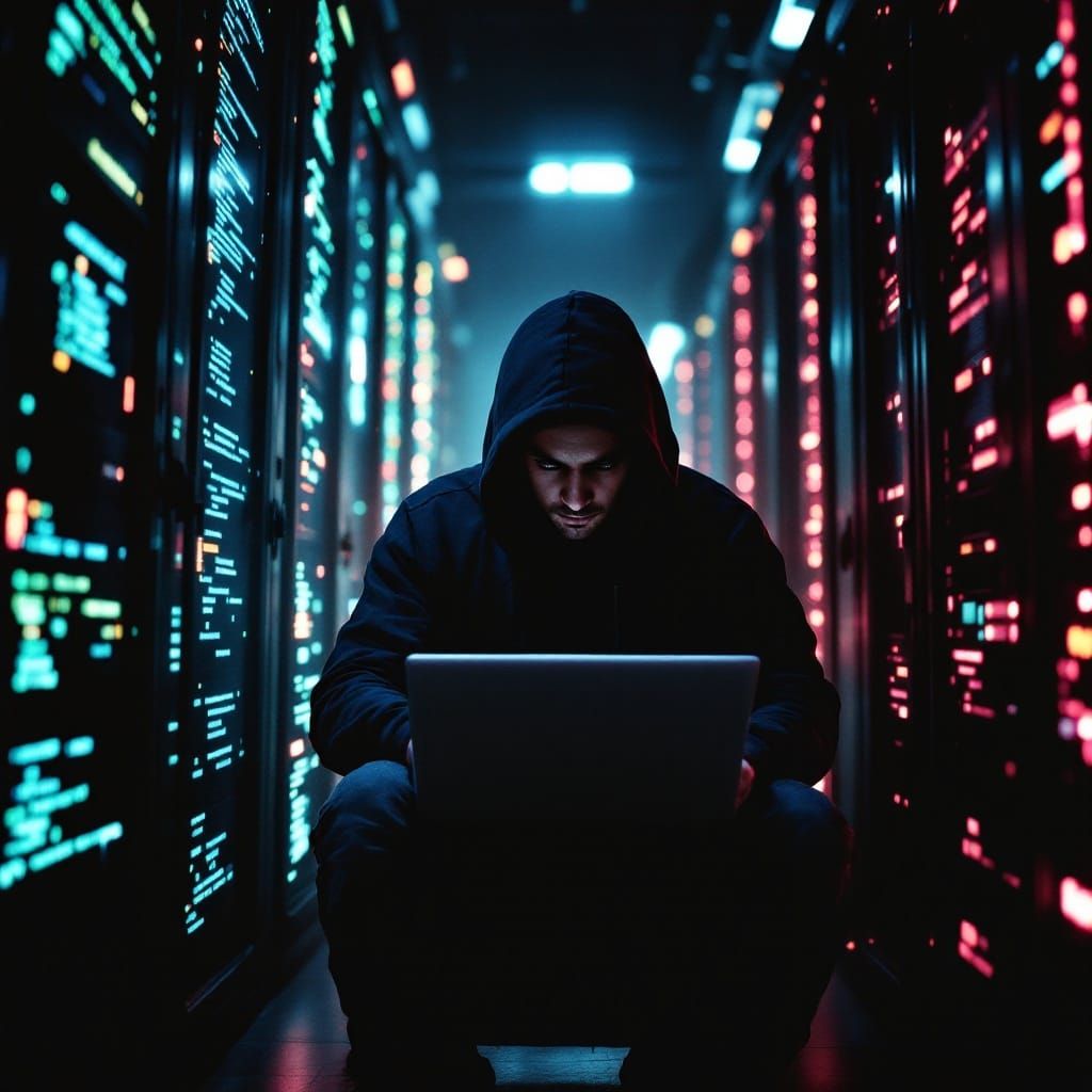 Cyberpunk Hacker in Futuristic Server Room