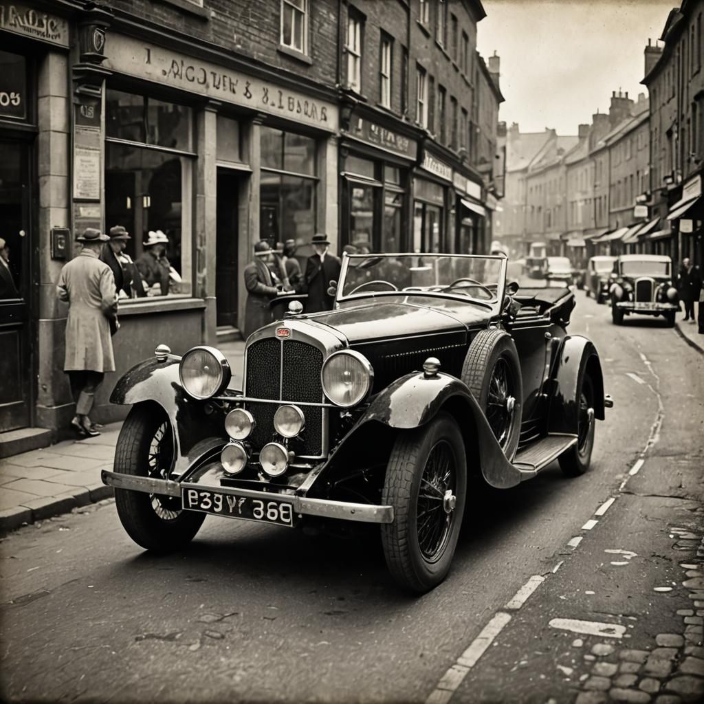 Vintage 1920s Street Scene with 1938 Lagonda Coupe