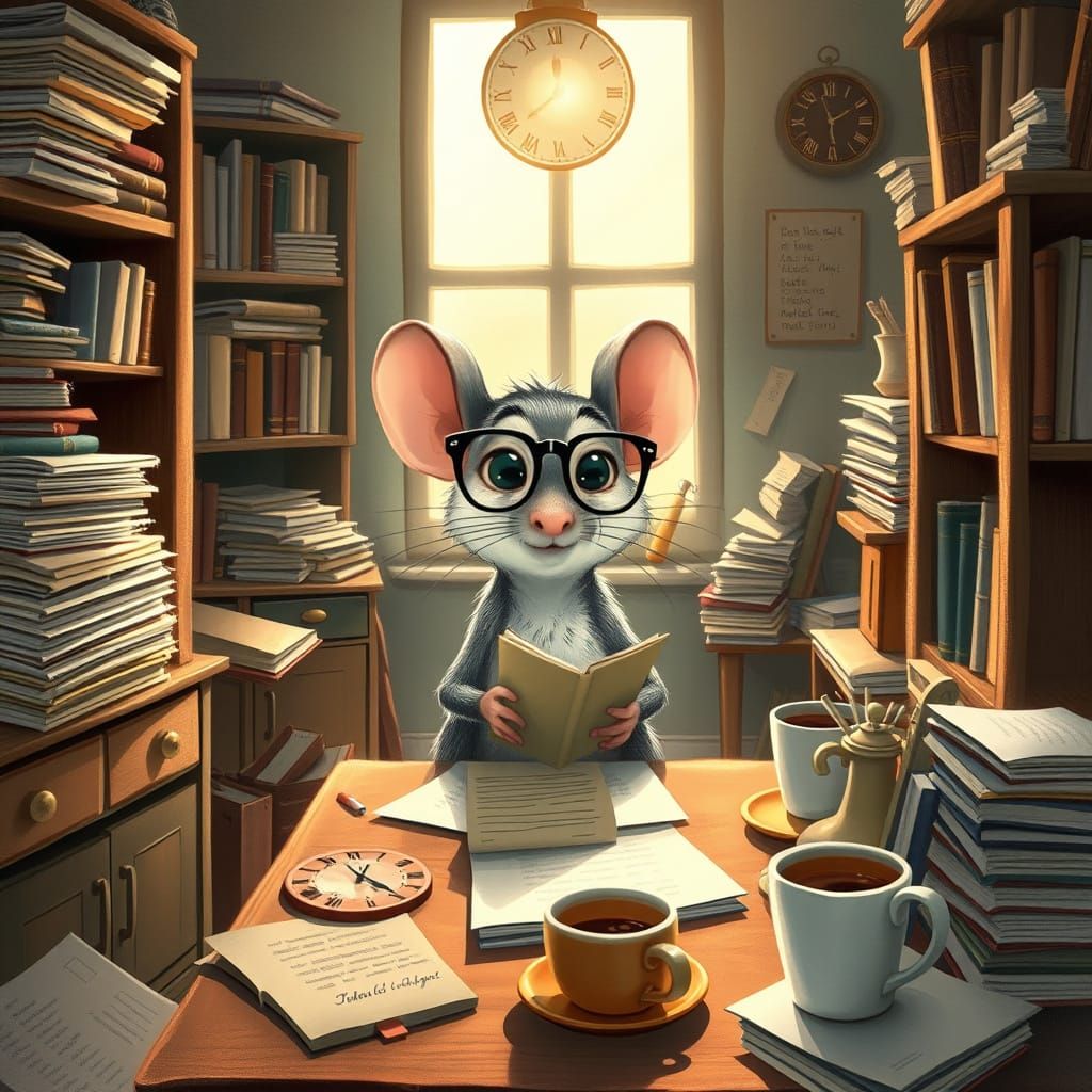 A caricature of a shy mouse sitting at a tiny desk in a cozy, cluttered office, surrounded by stacks of paperwork, overf...