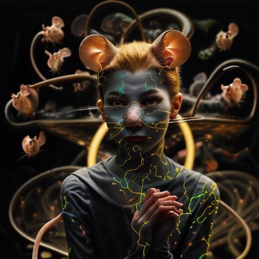 Mystical Cat of Mice in Neon Green Darkness