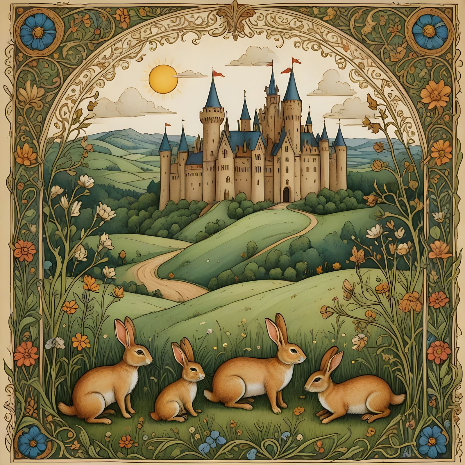 Whimsical Rabbit in Medieval Landscape
