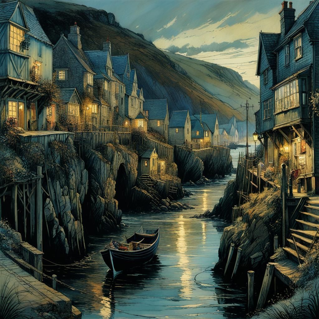 Cornwall Coastal Town in Evening Light, Illustrated