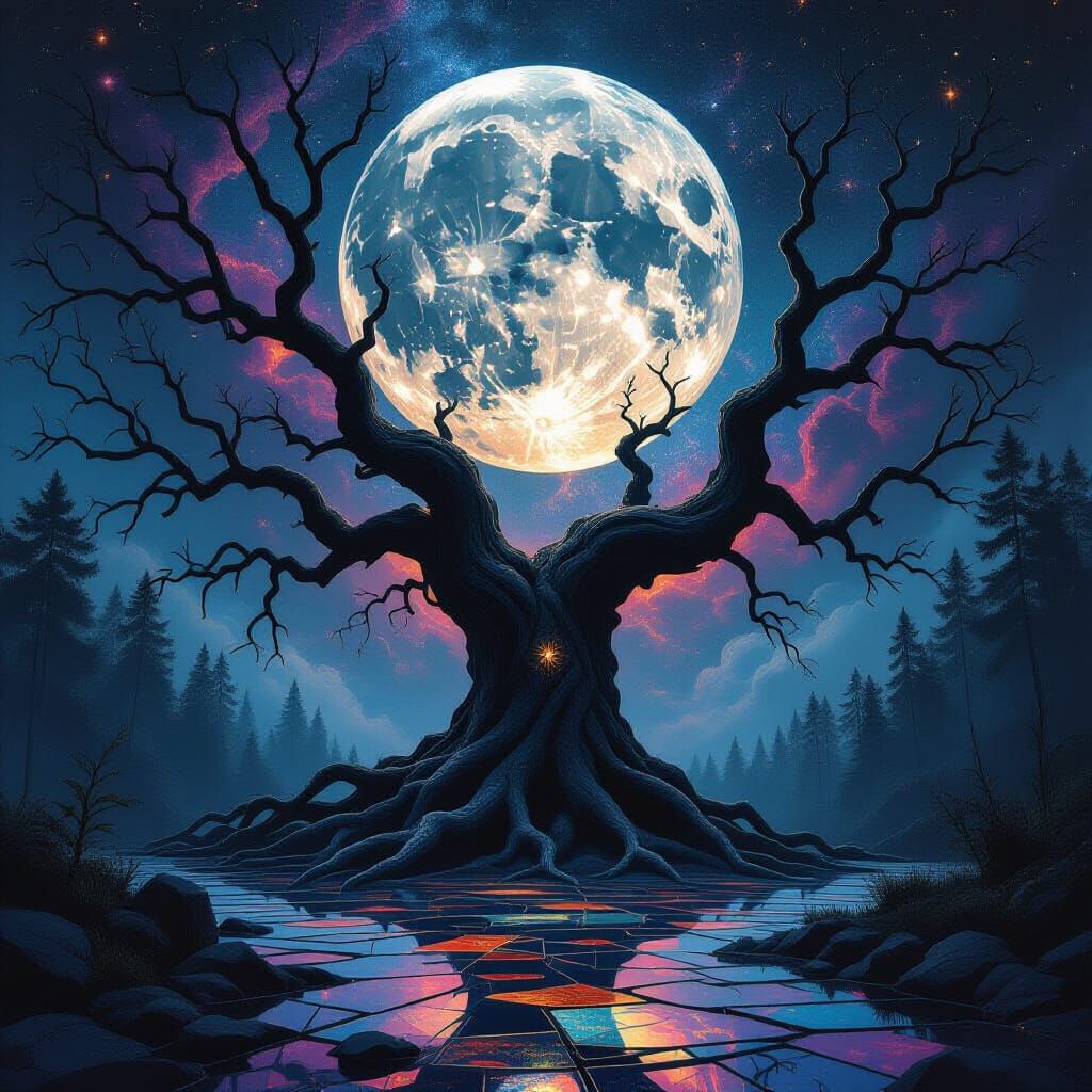 Ancient Cosmic Tree Beneath Shattered Moon