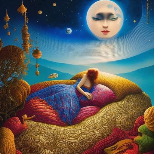 Surreal Dreamscape: Woman and Cats in Celestial Bed
