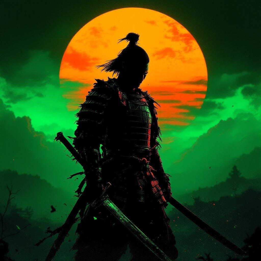 Samurai Silhouette Against Neon Sunset in Cinematic Style