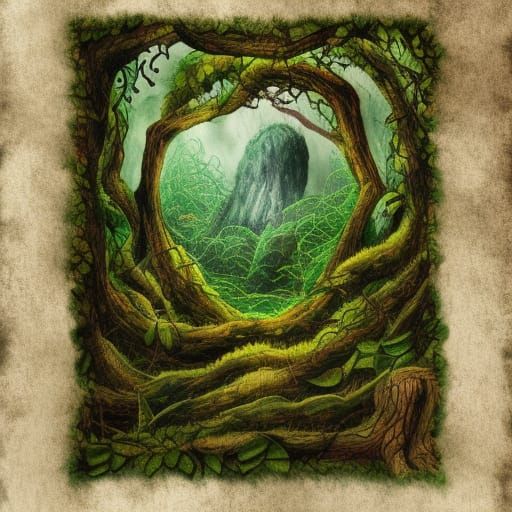 A slumbering mythical rock monster in a fairy forest covered with vines