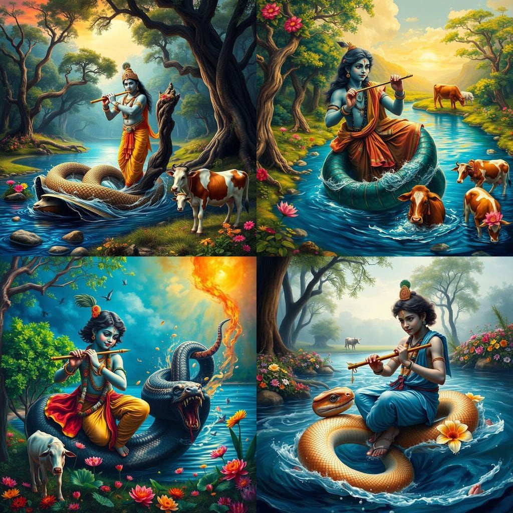 Stunning Oil Painting of Young Krishna Subduing Kalinga Sarp...