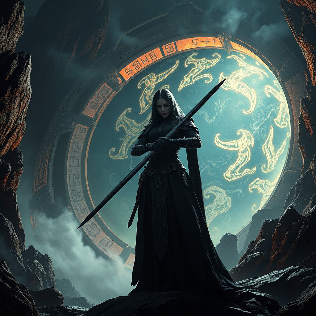 Warden Guarding Ominous Portal in Dark Fantasy Scene