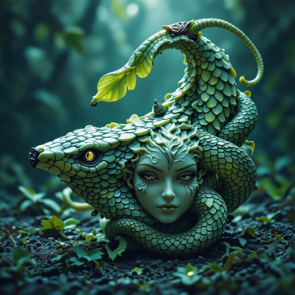 Miniature Banana Medusa-Serpent Fusion in Hyperrealism