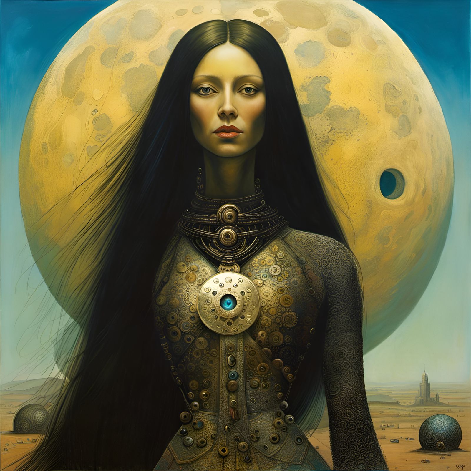 Android of the Moon in Beksiński-Inspired Oil Painting