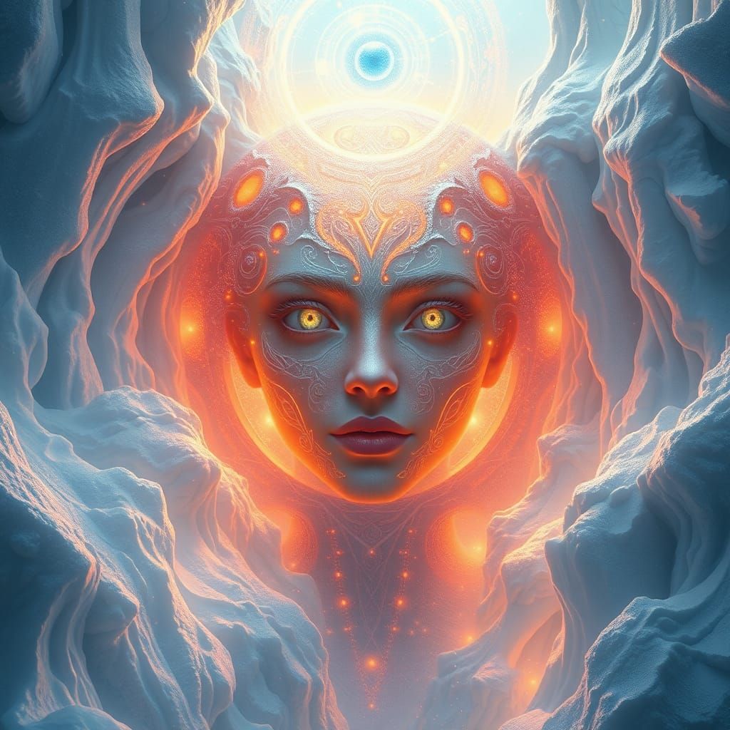 Mystical Being Gazing Inward in Ice Age Landscape