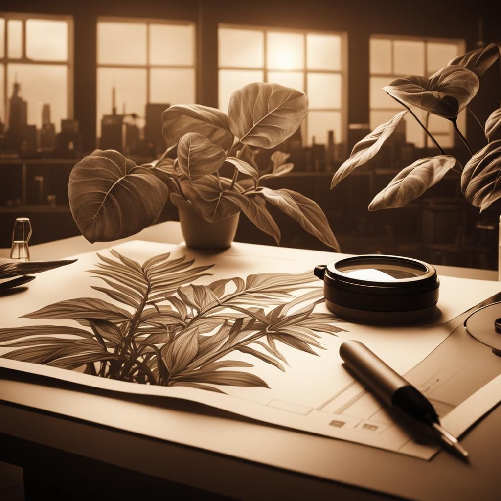 Sepia Botanical Ink Drawing in Cyberpunk Laboratory