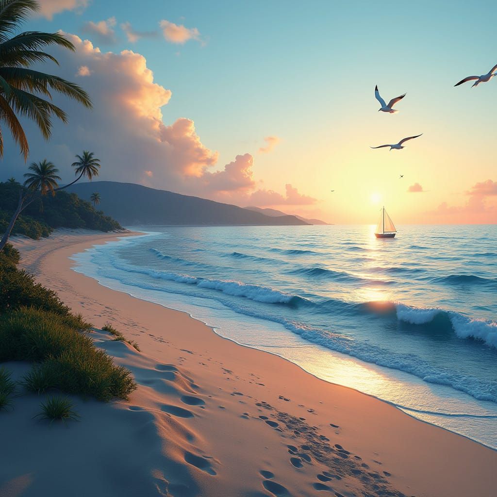 Serene Sunset Coastline with Gentle Waves and Seagulls