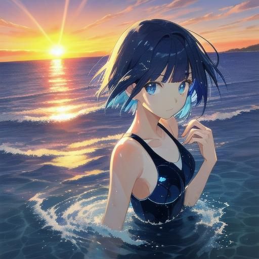 Girl Swimming at Sunrise with Falling Gems