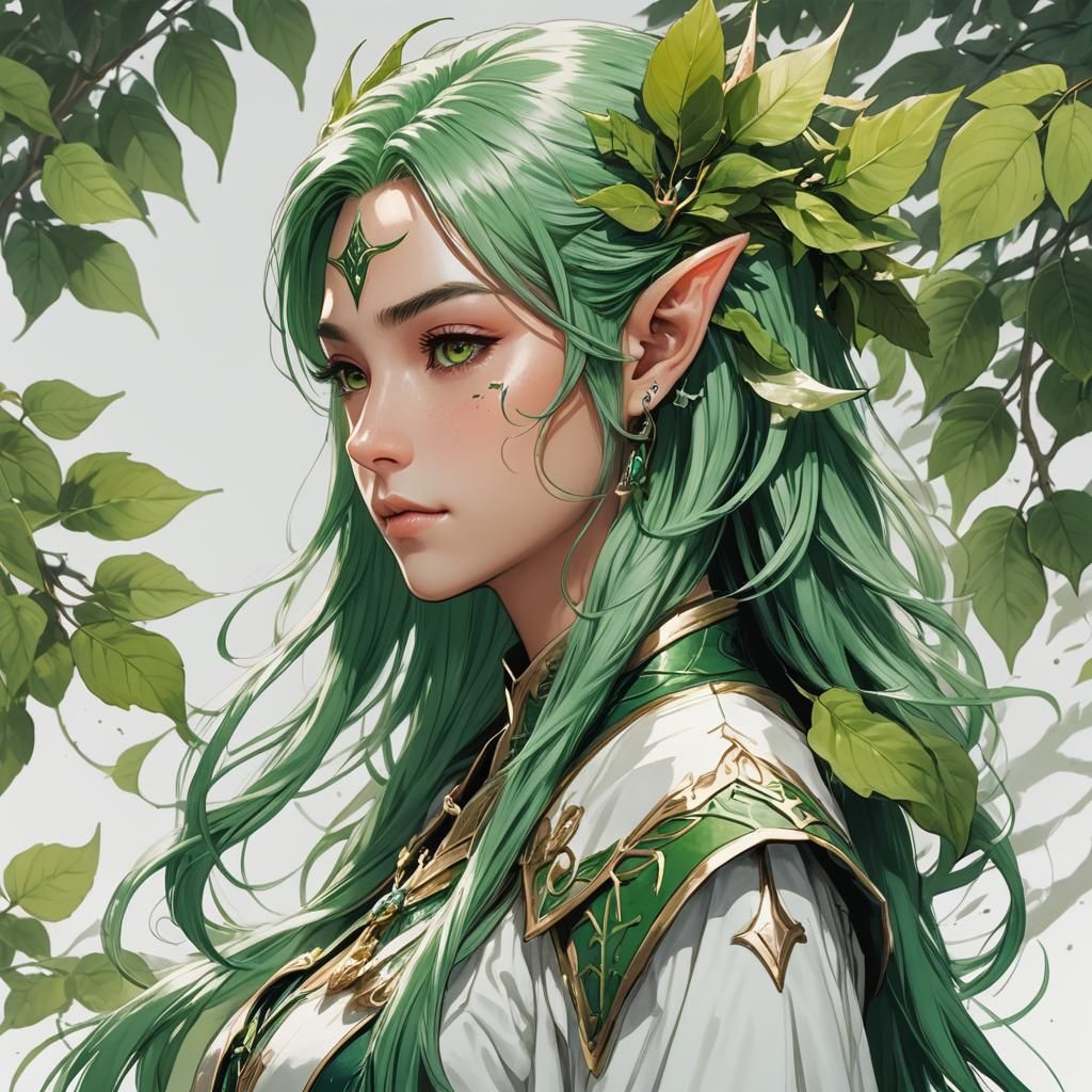 Eladrin Elf Portrait in Anime Style with Green Hair
