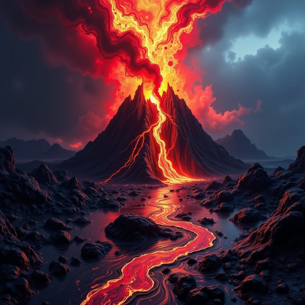 Volcano Eruption at Dawn with Twisted Ink Effects