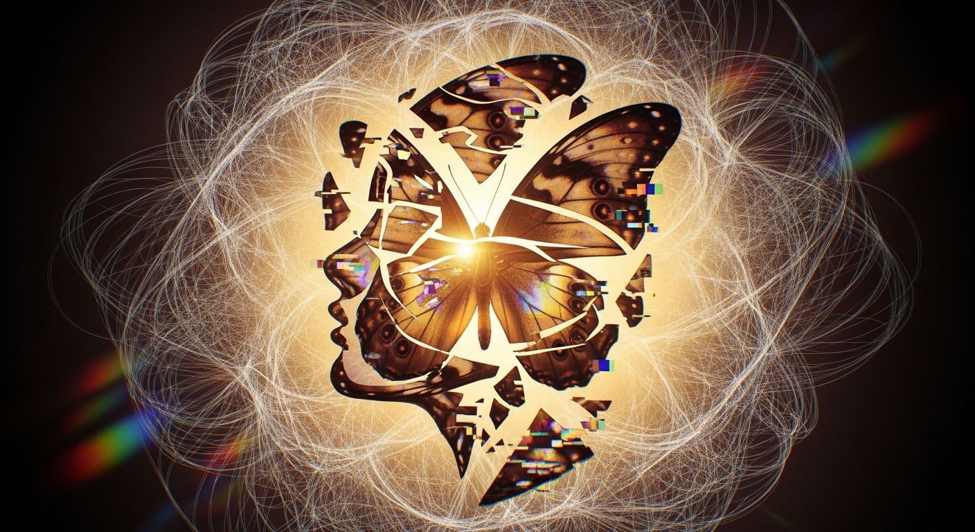 Fragmented Morpho Butterfly Portrait in Glitch Art Style