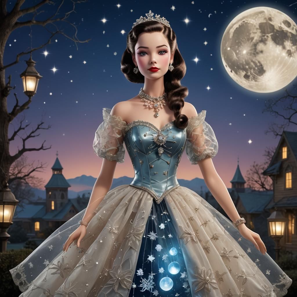 Mechanical Doll in Glass Dress Under Night Sky