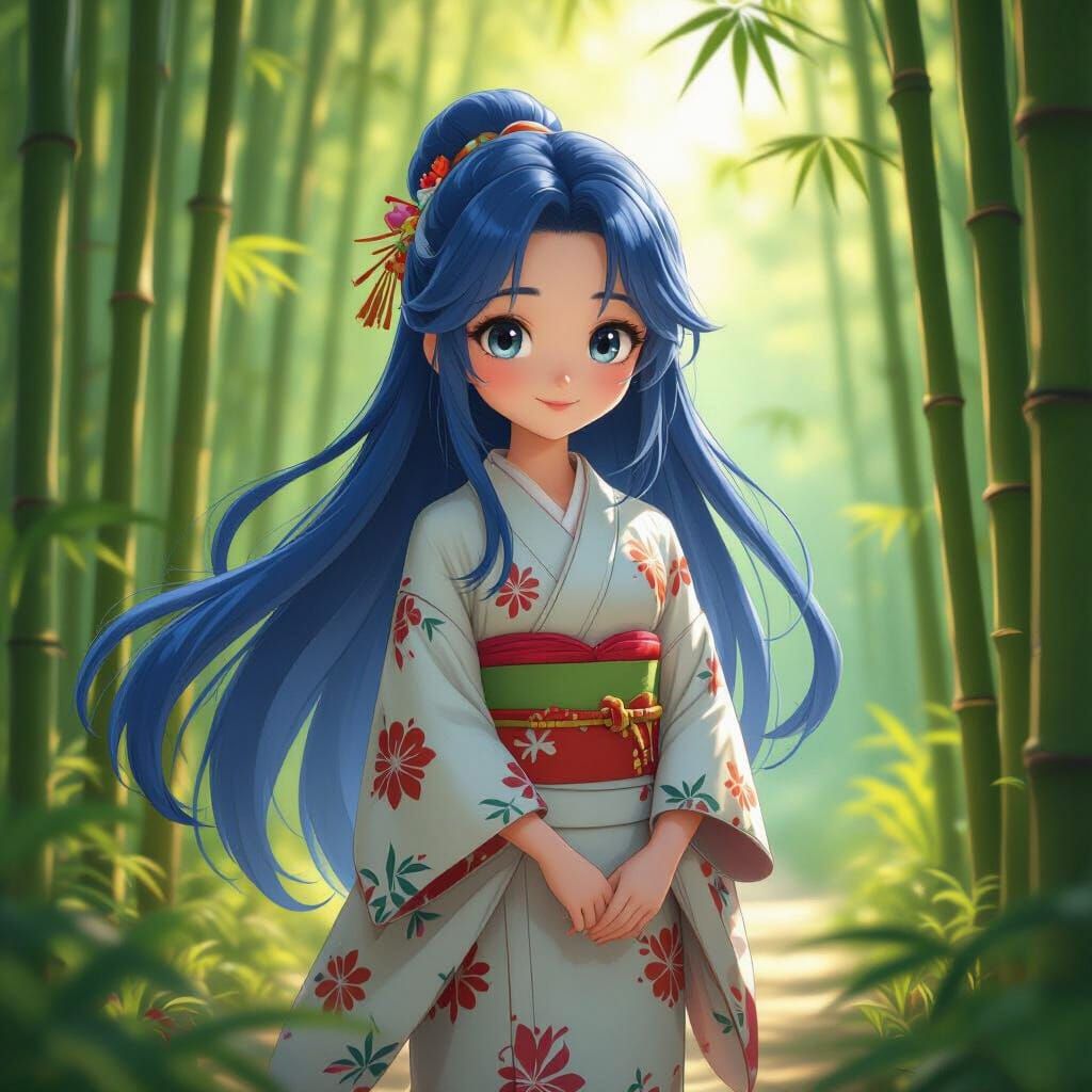 Anime Girl in Bamboo Forest, Pixar-Inspired 3D Art