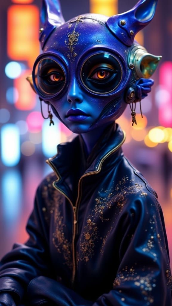 Alien Teen in Streetwear with Neon City Backdrop