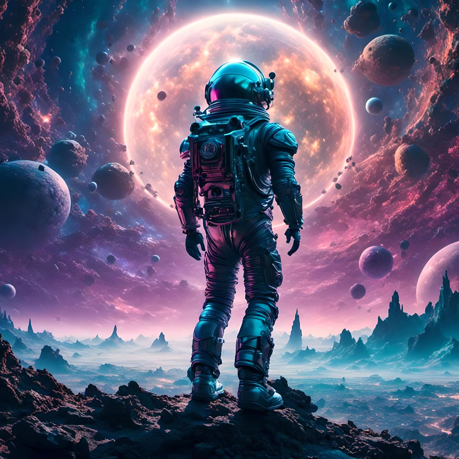 Astronaut in Cyberpunk Cyberspace Among Galactic Stars