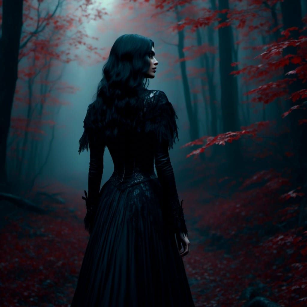Mysterious Woman in Gothic Attire in Moonlit Forest