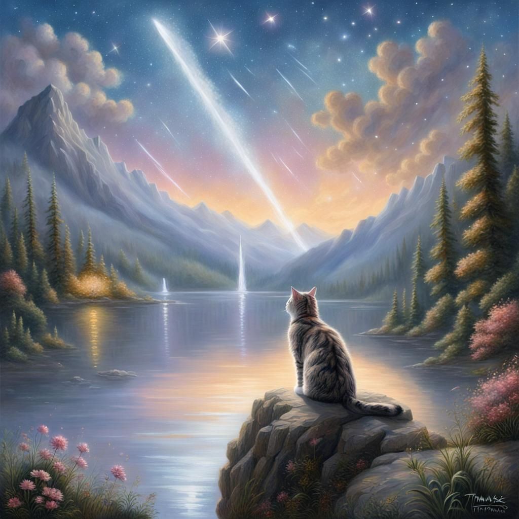 Tabby Cat Observes a Nighttime Meteor Shower