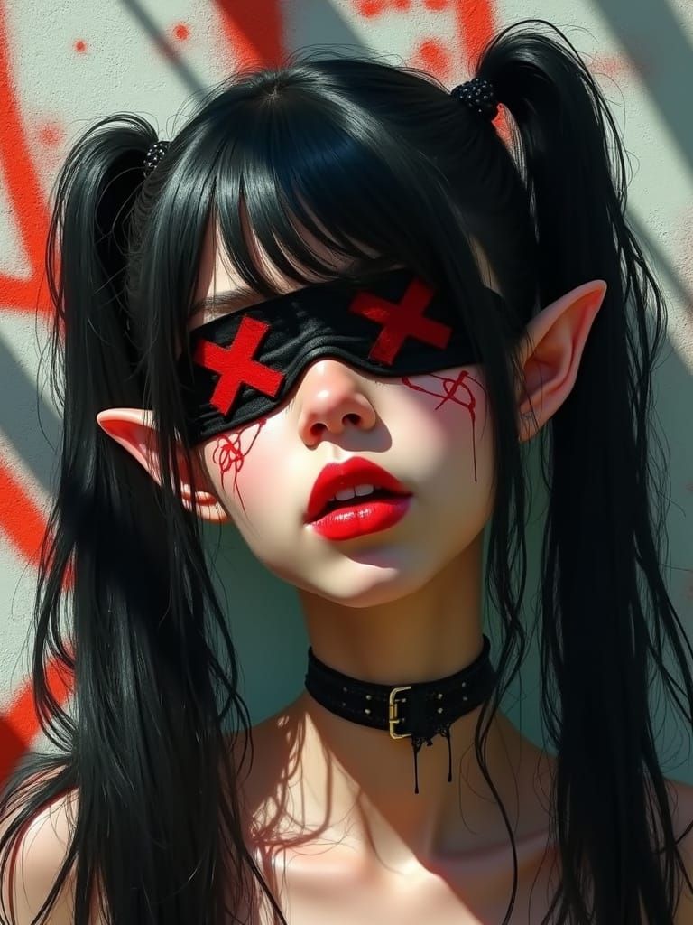 Gothic Elf Blindfolded in Surreal Graffiti Scene