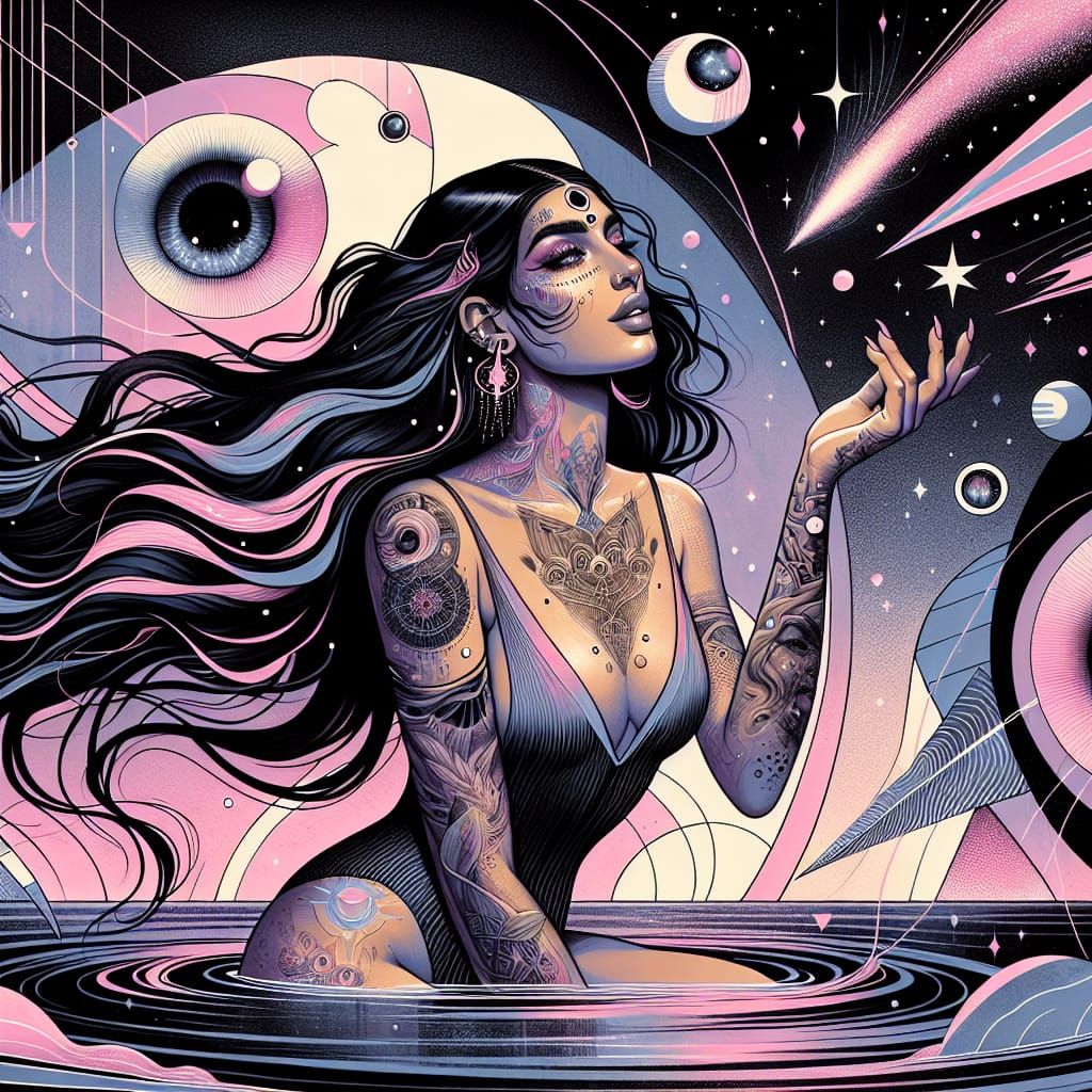 Surreal Space Goddess Catches a Shooting Star