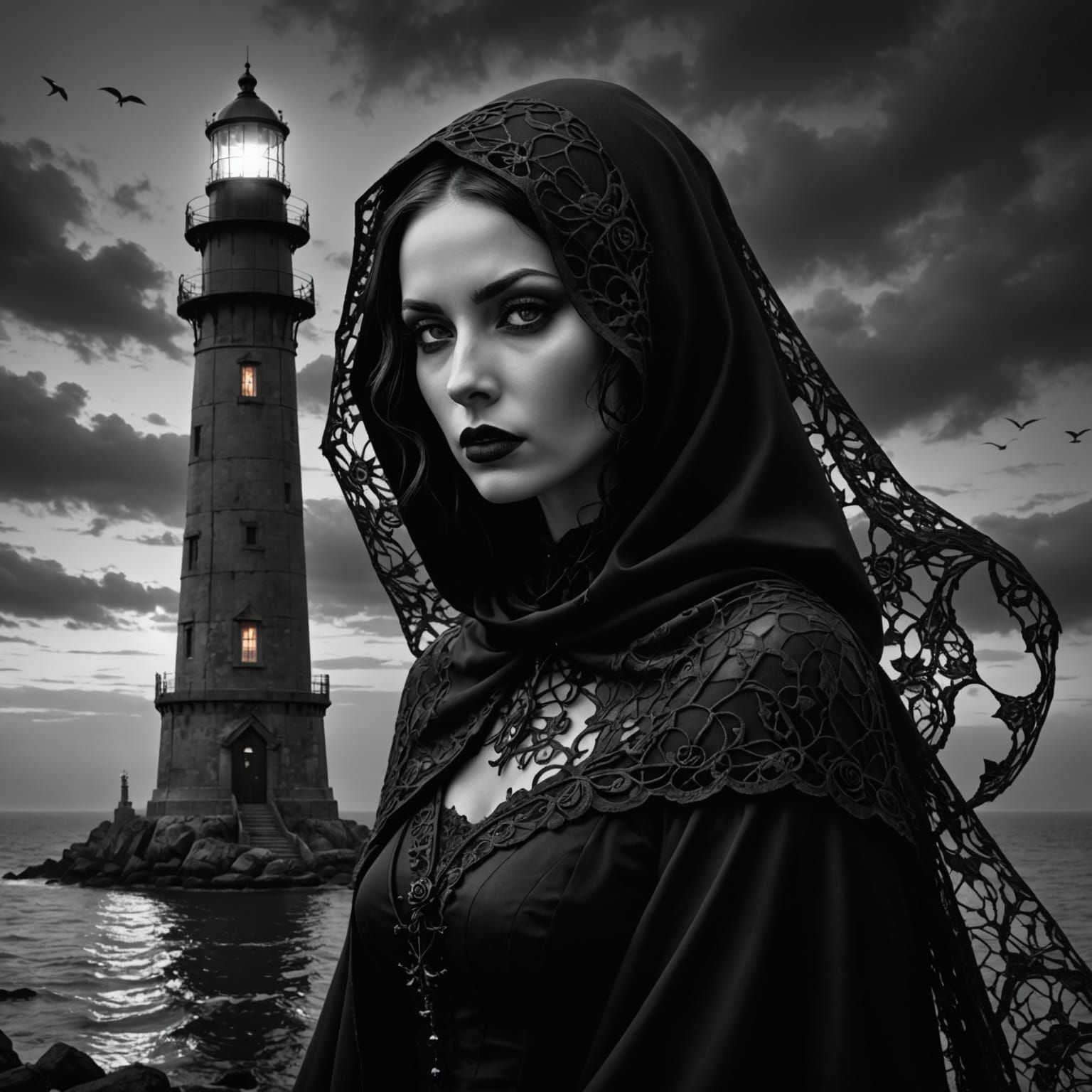 Neo-Gothic Woman with Bioluminescent Lighthouse Portrait