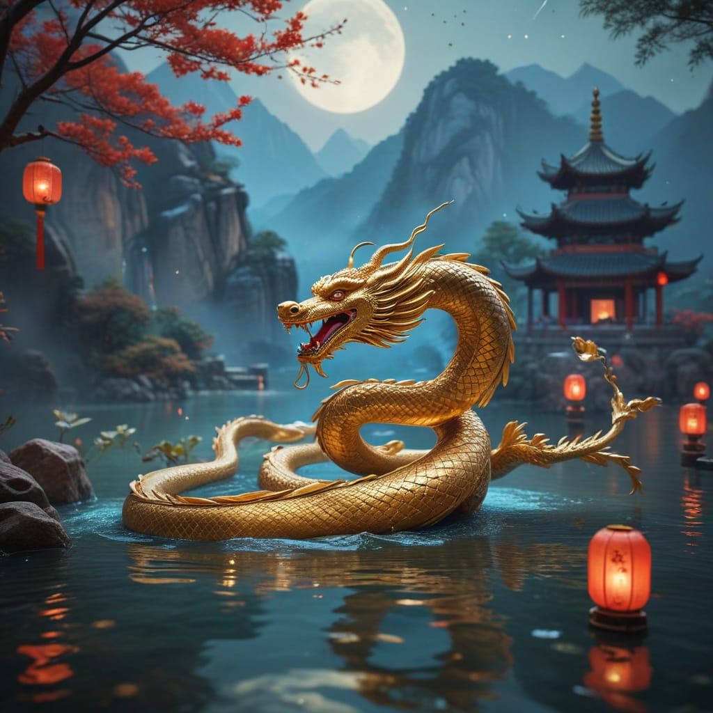 Golden Serpent and Ancient Temple in Chinese Paradise