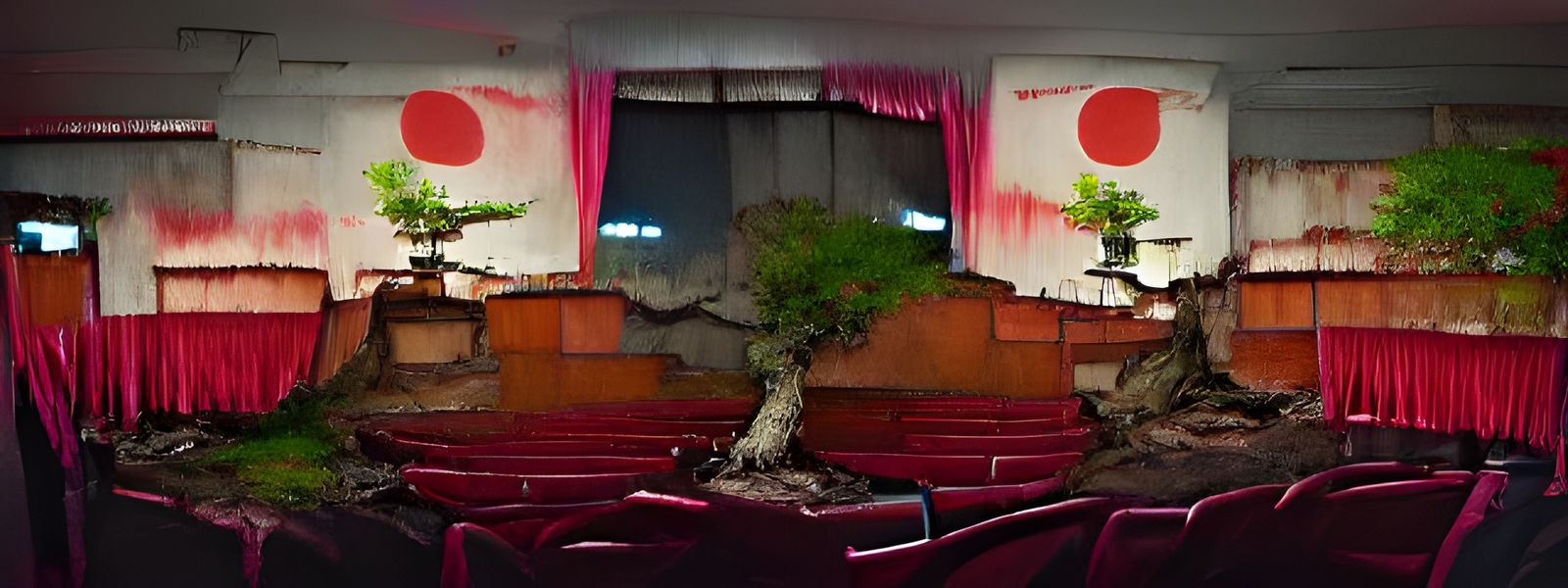 Overgrown Bonsai Tree in Decaying Japanese Theater