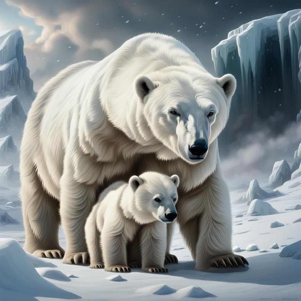 Polar Bear and Cub in Snowy Landscape