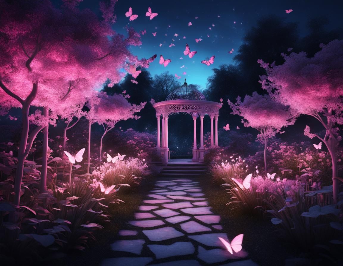 Ethereal Garden at Twilight with Shining Butterflies