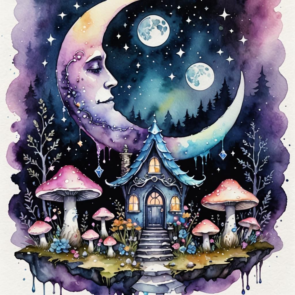 Cozy Pagan Home with Crystal Moon, Watercolour