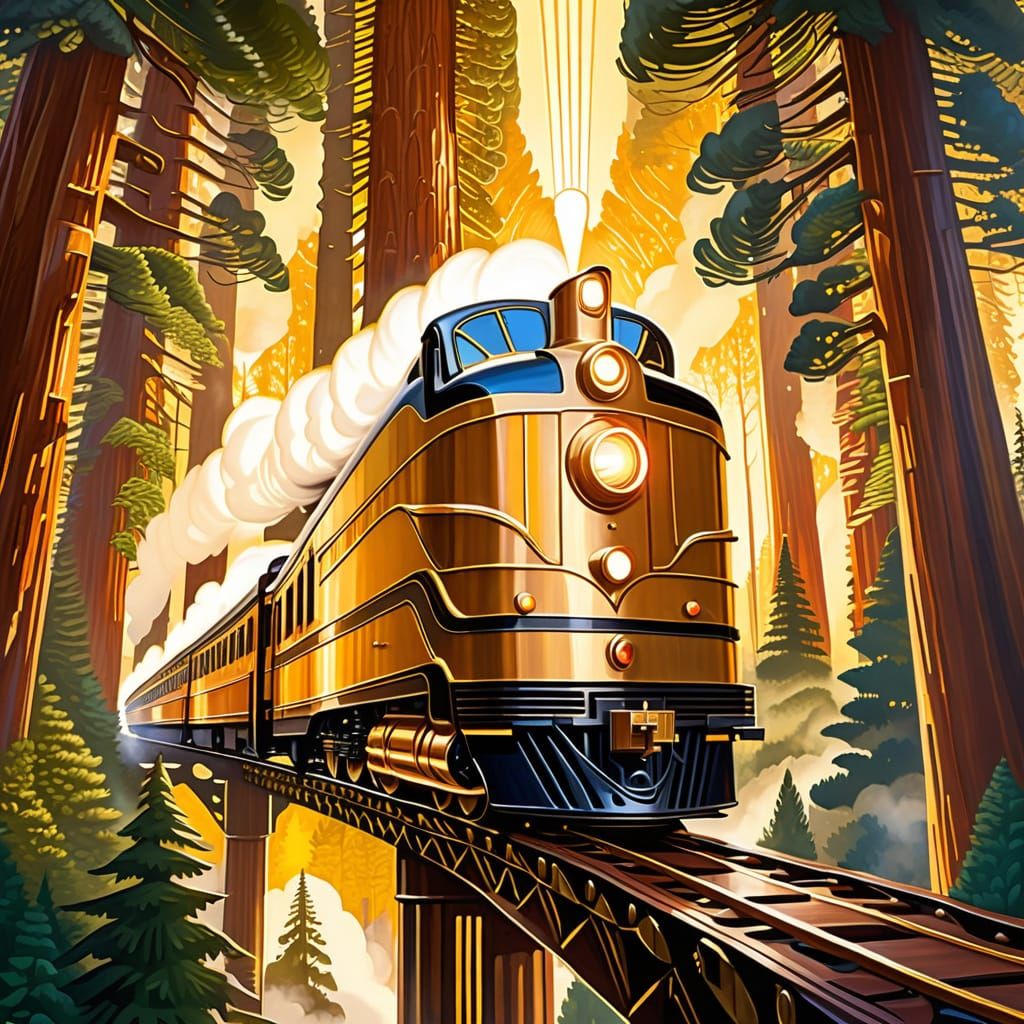 Golden Steam Train on Redwood in Art Deco Style
