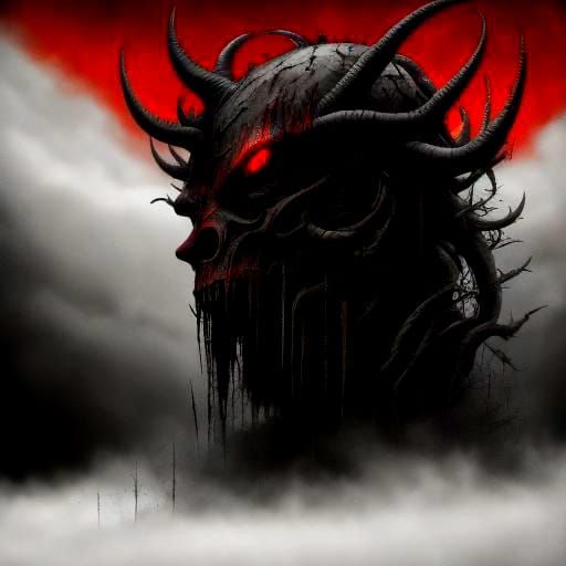 Devil with Scythe, Black Wings and Red Horns