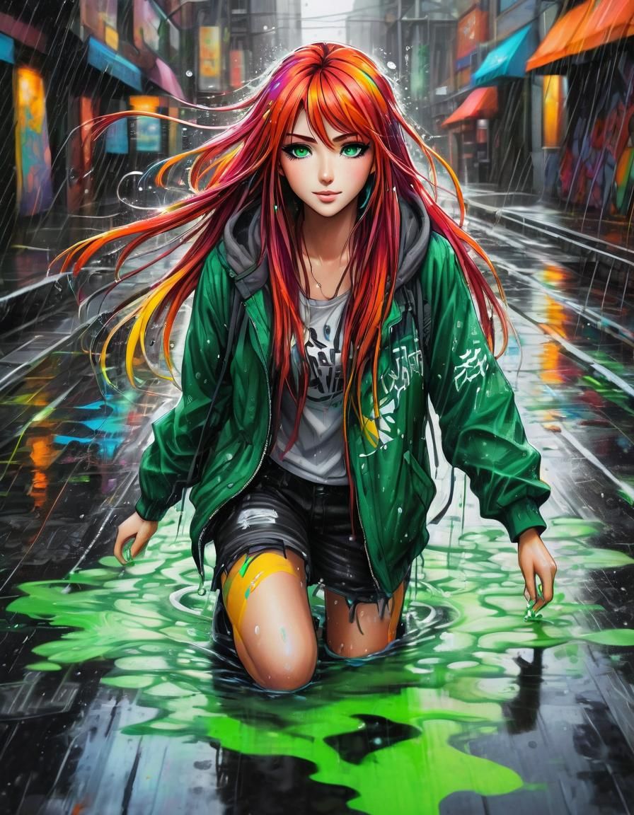 Anime Girl Chalk Art in Rainy Street Scene