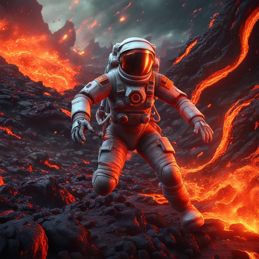Astronaut vs Lava Monster in Detailed Matte Painting