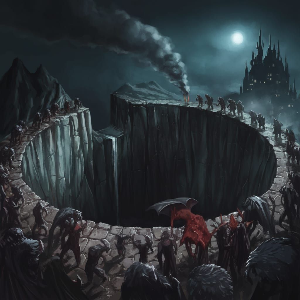 Dark Abyss with Towering Cliff and Shadowy Castle
