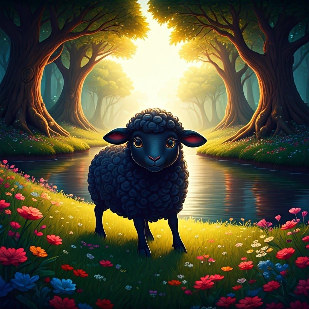 Cartoon Black Sheep Gazing at River in Fantasy Art