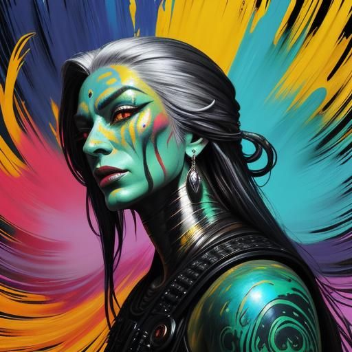 Silver Skinned Woman Portrait in Street Art Style